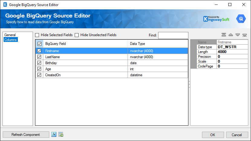 SSIS Google BigQuery Source - columns